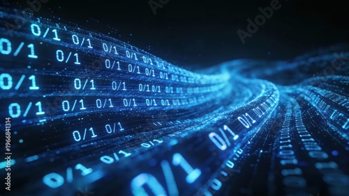 Blue digital light waves composed of binary codes flow against a dark background, full of technological and futuristic sense, making it a visual material image suitable for backgrounds and materials.