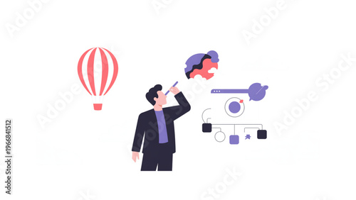 Business professional observing a futuristic cityscape with a hot air balloon Vector