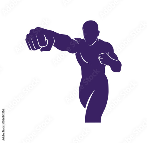 Purple silhouette of a muscular man throwing a punch isolated on transparent background