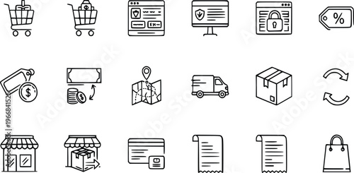 E commerce and online shopping icons set including carts, payment methods, and delivery symbols for business and retail use