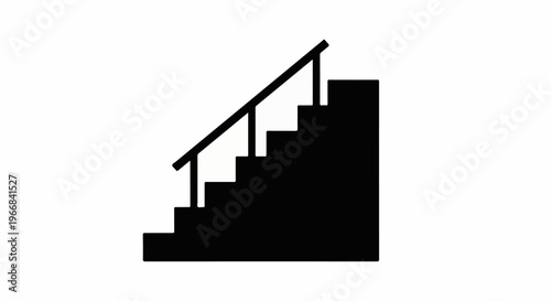 A simple black silhouette of stairs with a railing on a white background