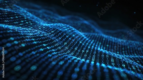 Blue digital light waves composed of binary codes flow against a dark background, full of technological and futuristic sense, making it a visual material image suitable for backgrounds and materials.