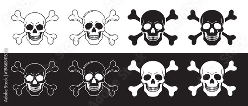Collection of Skull and Crossbones Symbols in Various Black and White Vector Styles on Contrasting Background.