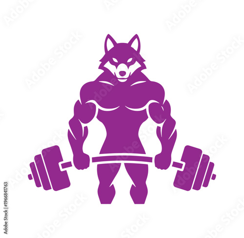 Purple wolf character lifting dumbbells in a powerful stance with muscles