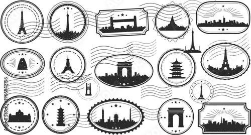 Landmark Postcard Designs with Silhouettes of Famous Monuments and Architecture for Travel and Souvenir Graphics