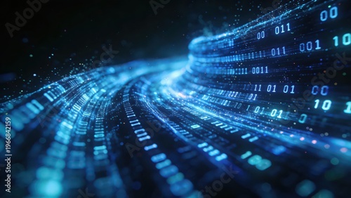 Blue digital light waves composed of binary codes flow against a dark background, full of technological and futuristic sense, making it a visual material image suitable for backgrounds and materials.