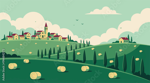 Stylized Tuscan landscape with village, rolling hills, hay bales and cypress trees