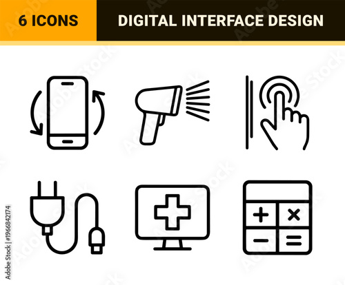 Mobile App Interface and Smartphone Connectivity Ultra-Minimalist Monoline Icon Set Featuring Geometric Line Art for Digital Technology Design