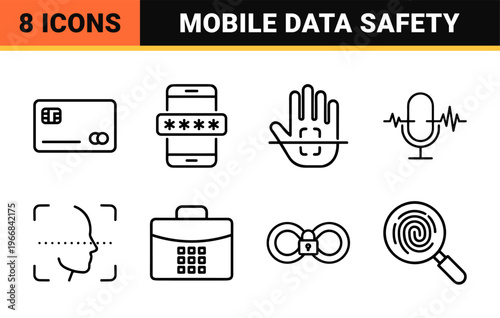 Cybersecurity and Mobile Privacy Monoline Outlines for Secure App Interface Design and Data Protection Infrastructure Visuals
