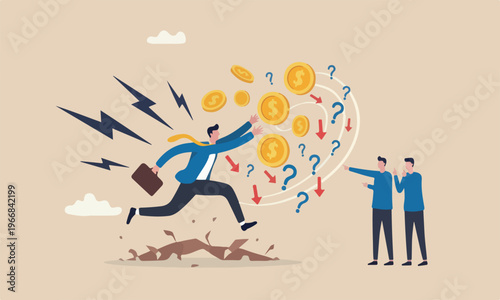 Financial risk,red big meeting teams together bullseye target making money, debt or loss problem, chasing investment return, danger or crisis, businessman risk himself chasing money to grab flying