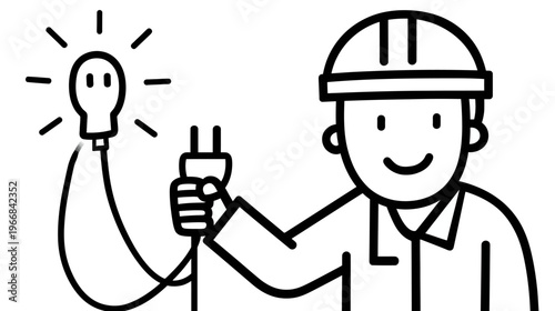 Black and white line art illustration of an electrician with a hard hat, connecting a plug to a bright light bulb, symbolizing power and service.