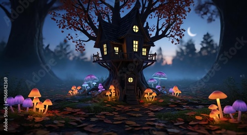 Enchanted Treehouse Surrounded by Colorful Mushrooms at Dusk