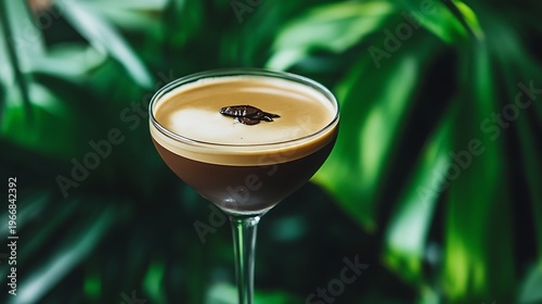 Espresso martini cocktail with creamy foam topping and coffee bean garnish served in elegant glass against tropical green leafy background for refreshing bar menu