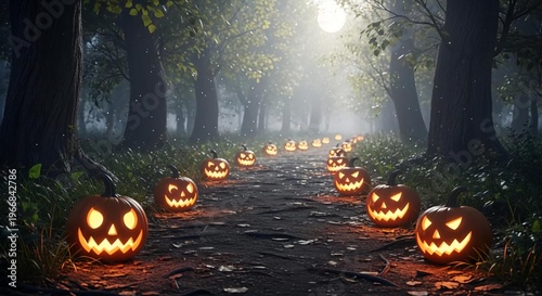 Illuminated Pumpkin Pathway in Enchanted Halloween Forest Scene