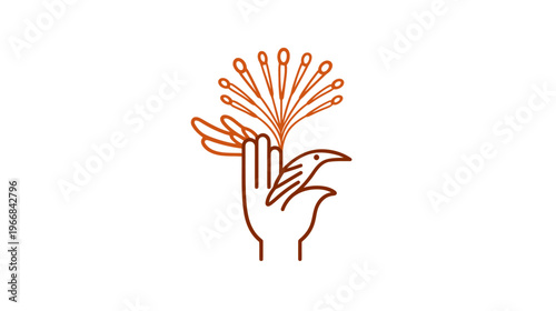Elegant line art illustration: hand cradling a bird with a stylized radiating burst design, symbolizing care, nature, and growth.