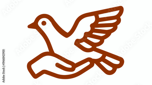 Outline icon of a peace dove bird taking flight from an open human hand. Symbolizing freedom, hope, spirituality, and care in a minimalist style.