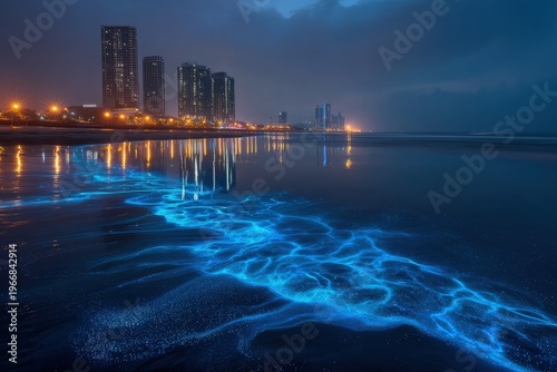 Bioluminescent Blue Ocean Waves at Night