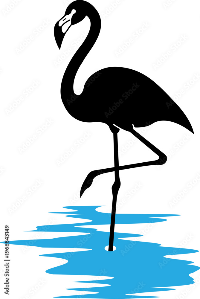 Fototapeta premium Flamingo icon in tropical water landscape with solid black silhouette style. Pink bird wading in blue pond. Vector graphic element for summer and nature design.