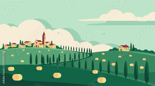 Minimalist Tuscan countryside landscape with village, cypress trees, and hay bales