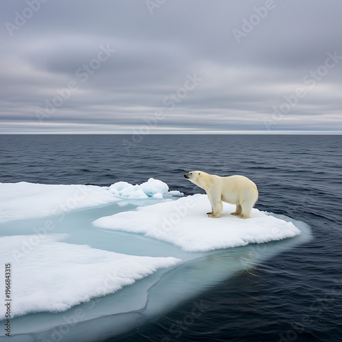 A solitary polar bear stands on a melting ice floe in the vast Arctic Ocean under a dramatic cloudy sky, highlighting climate change.