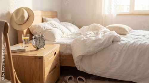 Bild auf Leinwand Cozy bedroom scene with unmade bed, wooden nightstand, alarm clock, and refreshing lemon water
