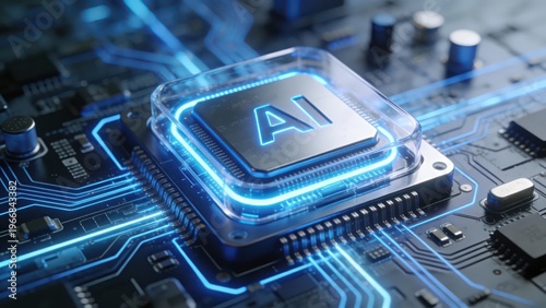 An AI chip placed on a glowing circuit board presents the core computing power and futuristic sense of artificial intelligence with technological light and shadow, making it a technological visual mat