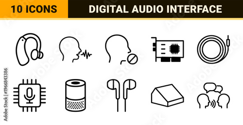 Ultra-minimalist Monoline Audio and Speech Communication Icons for Digital Interface Design and Voice Recognition Software Applications