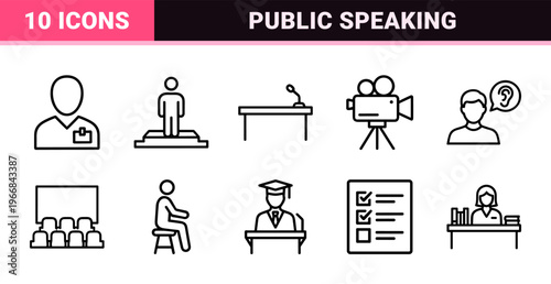Public Speaking and Corporate Presentation Icon Set Featuring Ultra-Minimalist Monoline Geometric Symbols for Lectures and Seminars.
