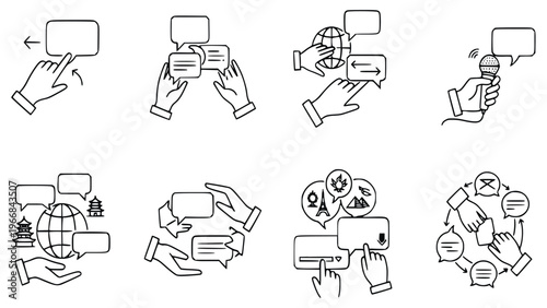 Hand drawn style illustrations of translation and language concepts with speech bubbles and icons representing global communication tools and technology