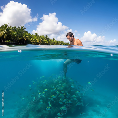 A man swimming in crystal clear tropical waters with a large school of sergeant major fish underwater and a palm-fringed island in the background.