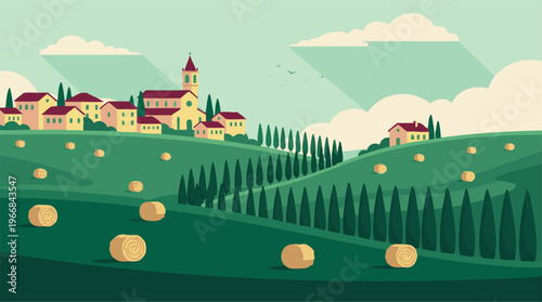 Idyllic rural landscape illustration with village, fields, cypress trees and hay bales