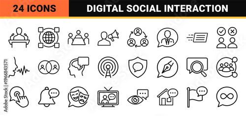 Communication and Public Speaking Line Art Set featuring Ultra-Minimalist Monoline Geometric Symbols for Digital Discourse and Social Interaction
