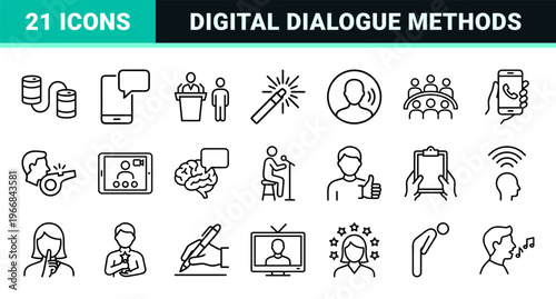 Professional Interpersonal Communication and Public Speaking Icon Set, Ultra-Minimalist Geometric Line Art for Corporate Training and Media.