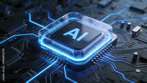 An AI chip placed on a glowing circuit board presents the core computing power and futuristic sense of artificial intelligence with technological light and shadow, making it a technological visual mat