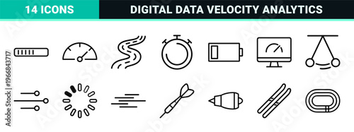 High Performance Velocity and Performance Metrics Line Art Set Featuring Ultra-Minimalist Geometric Speedometer and Data Tracking Symbols.