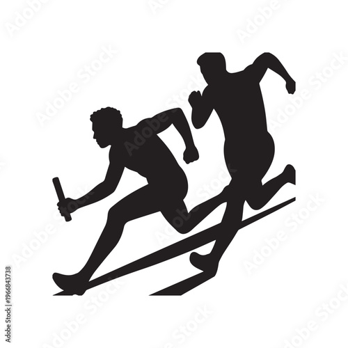  Silhouette Illustration of Two Athletes Executing a Smooth Track Relay Baton Pass. 