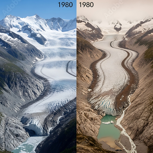Side-by-side aerial views of a glacier valley, both labeled 1980, showing a dramatic difference in glacial extent and the formation of a proglacial lake.