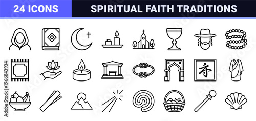 Spirituality and World Religion Ultra-Minimalist Monoline Line Art Set for Modern Theological Study and Faith-Based Graphic Design Projects