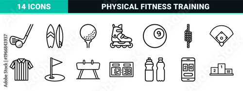 Professional Athletic Sports and Fitness UI Line Art Set featuring Ultra-minimalist Monoline Geometric Outlines for Digital Interface Design