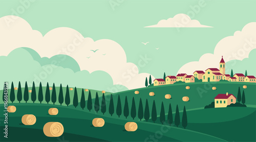 Flat Design Illustration of Idyllic European Countryside Village with Fields