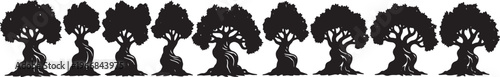 Black tree silhouettes, tree tops, foliage, landscape border, vector graphics isolated on Transparent Background