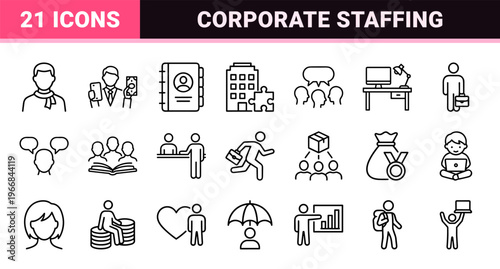 Modern Human Resources Management and Corporate Staffing Linear Art. Ultra-minimalist monoline geometric line art for business employment.