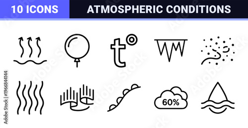 Ultra-Minimalist Weather Forecast and Climate Monitoring Icon Set with Geometric Line Art for Mobile Applications and Scientific Interfaces.