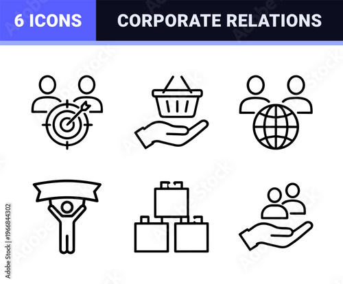 Stakeholder Management and Corporate Relationship Monoline Outline Icons featuring Ultra-minimalist Geometric Business Engagement Symbols