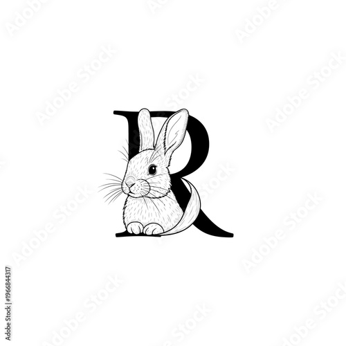 A rabbit sitting next to a large letter