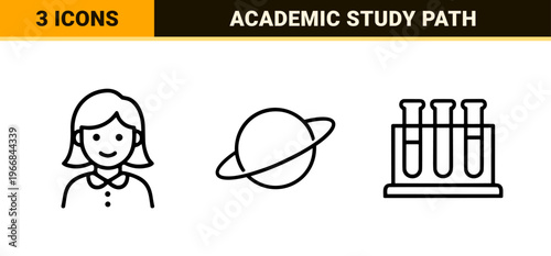 Academic Education and School Learning Symbols, Ultra-Minimalist Monoline Geometric Line Art for UI Design