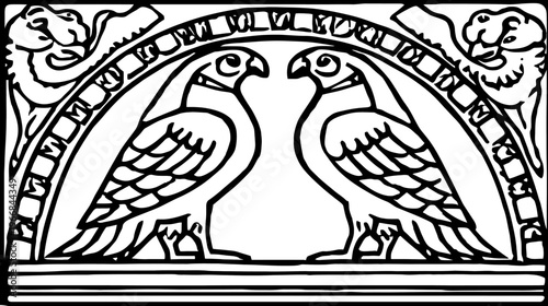Vintage black and white illustration of two stylized birds facing each other with an ornate arch and decorative animal heads, ancient heraldic design.