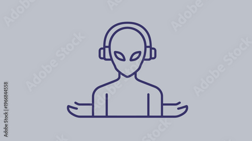 Cosmic alien DJ wearing headphones and mixing electronic music. Sci-fi extraterrestrial character enjoying sound waves. Vector icon.