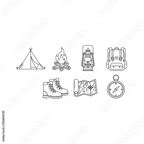 A set of camping icons including tent and compass