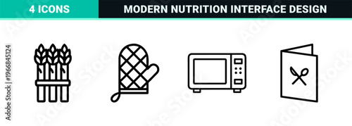 Healthy Nutrition and Global Cuisine Ultra-Minimalist Monoline Outline Symbols for Professional Dietary Apps and Culinary Branding Interfaces.